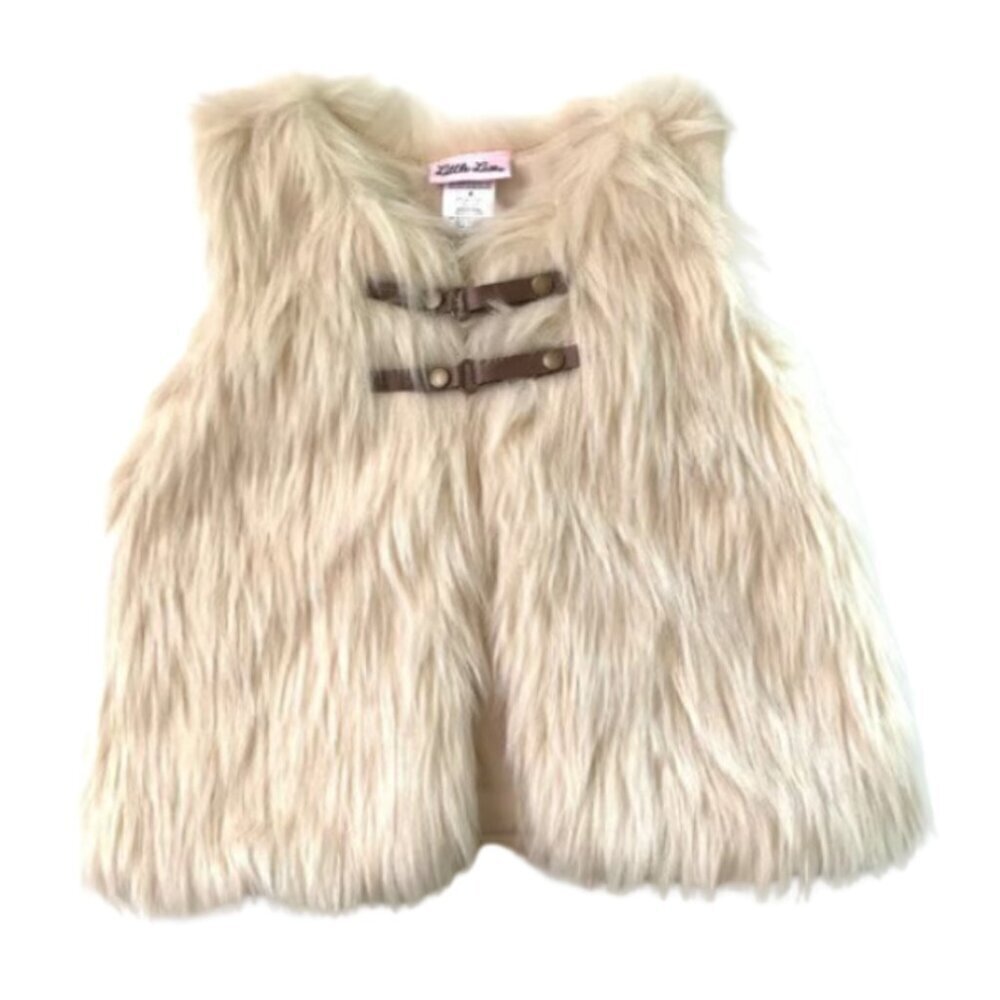 Little Lass Cream Faux Fur Vest with Brown Toggle Details